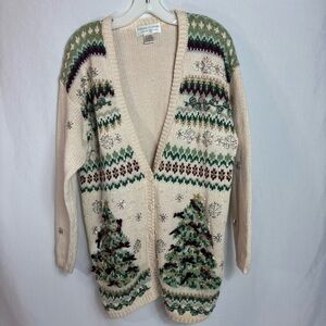 Casual Corner Christmas Cardigan Womens L Limited Edition Tree Beading Bow Vtg